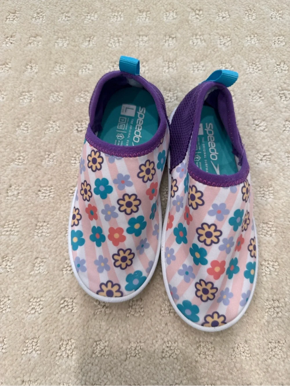 Speedo Kids Floral Surfwalker Water Shoes Size L 9/10 Purple Aqua Beach Pool